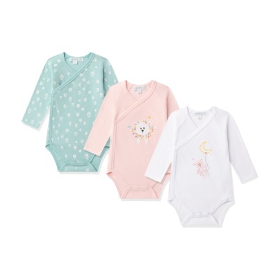 Três bodies de bebé manga comprida em algodão com padrões e desenhos coloridos