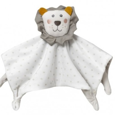 Doudou branco com padrão de estrelas e cabeça de leão de peluche