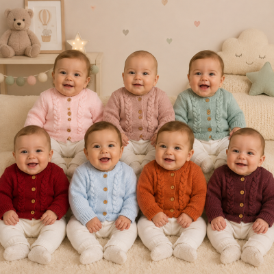 Oito bebés com camisolas de malha coloridas sentados num ambiente decorado com peluches e almofadas.