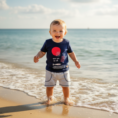 Criança com camisola azul e calções cinza na praia com água do mar