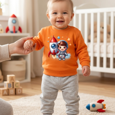 Bebé a usar roupa infantil com temática espacial, em quarto de bebé acolhedor.