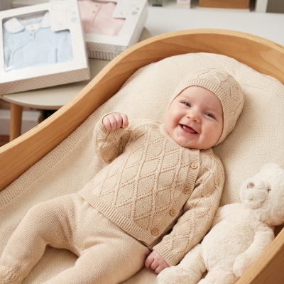 Bebé deitado em cama de madeira com roupa de malha bege e urso de peluche