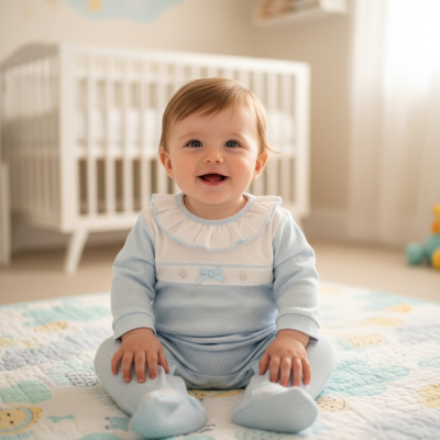Bebé sentado em tapete com padrões azul, amarelo e verde, roupa azul clara com folhos brancos, berço branco ao fundo