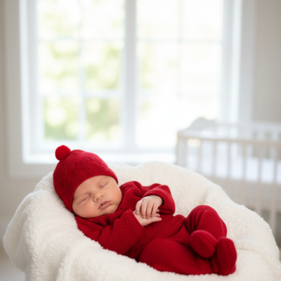 Bebé a dormir com fato vermelho e gorro com pompom numa manta branca felpuda