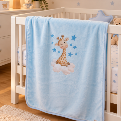 Manta azul clara com estampa de girafa sentada em nuvem num berço branco num quarto infantil.