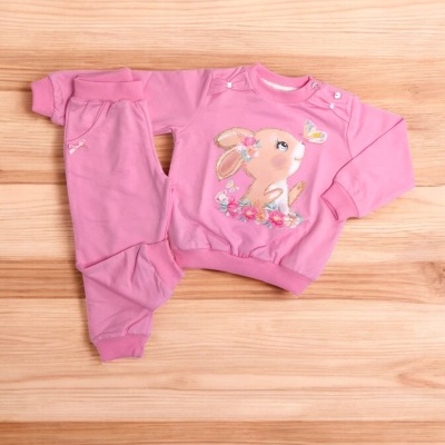 Conjunto de criança rosa com estampa de coelho e borboleta