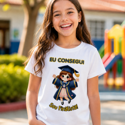 Camiseta branca com desenho de menina em bata de finalista e texto comemorativo vestida por criança