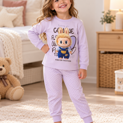 Menina com pijama lilás de boneco e texto em divisão aconchegante