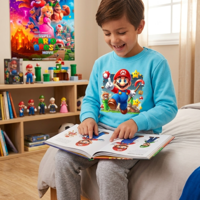 Menino a ler livro de Mario Bros com casaco azul em quarto decorado com poster e brinquedos Mario Bros