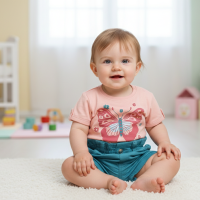 Bebé sentado no tapete com t-shirt rosa e borboleta e calções azuis.