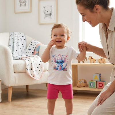 Criança em quarto infantil sorridente com t-shirt e calções coloridos