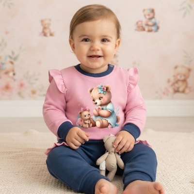 Bebé sorridente com roupa rosa e azul segurando peluche de ursinho, sentada em tapete claro.