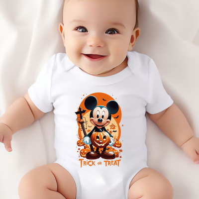 Body de bebé branco com estampa de Mickey Halloween e texto TRICK OR TREAT