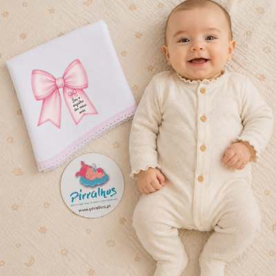 Bebé sorridente de macacão bege ao lado de toalha branca bordada com laço rosa e manta bege com estrelas e luas