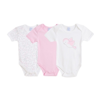 Três bodies de bebé em algodão com cores rosa e branco e estampa de pássaro