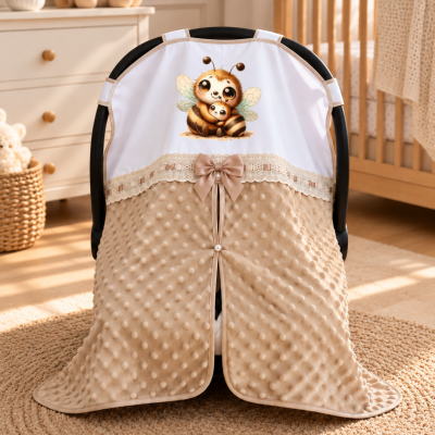 Capa protetora bege e branca para cadeirinha de bebé com estampa de abelhas e laço