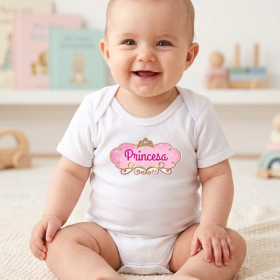 Bebé sentado com body branco estampado Princesa em ambiente acolhedor