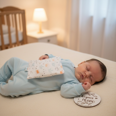 Bebé a dormir com pijama azul e saco térmico estampado de coroas sobre cama creme com placa redonda ao lado
