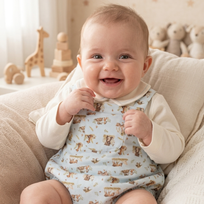 Bebé sorridente com jardineira azul clara estampada e body branco sentado em almofada bege num quarto com brinquedos de madeira e ursinhos.