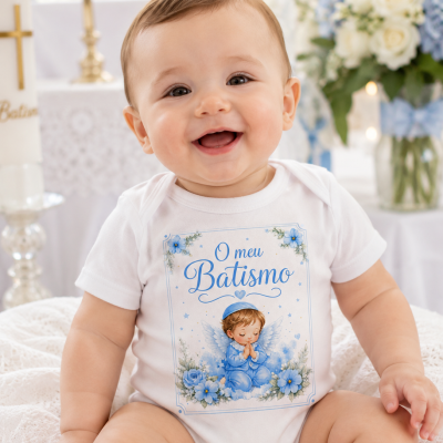 Bebé sorridente com body branco estampado O meu Batismo e anjo azul, em ambiente de batismo com cruzes e flores.