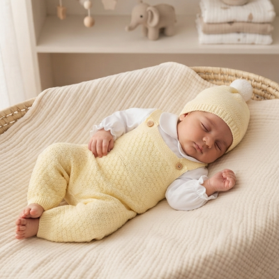Bebé a dormir com macacão e gorro amarelo claro em berço de vime