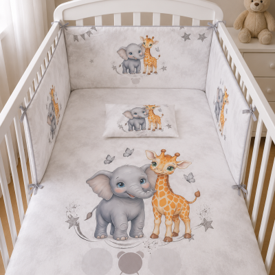 Berço branco com roupa de cama cinza claro com elefante e girafa cartoon.