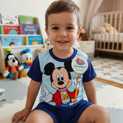 Criança sorridente com roupa azul e estampa do Mickey Mouse sentada em tapete com brinquedos e livros ao fundo