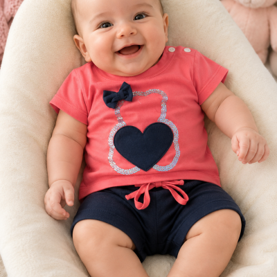 Bebé sorridente com roupa coral e azul sentado numa almofada cremosa com brinquedo de peluche ao lado