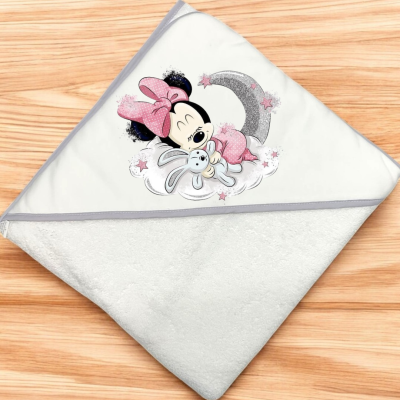 Toalha de banho para bebé branca com capuz e estampa da Minnie a dormir