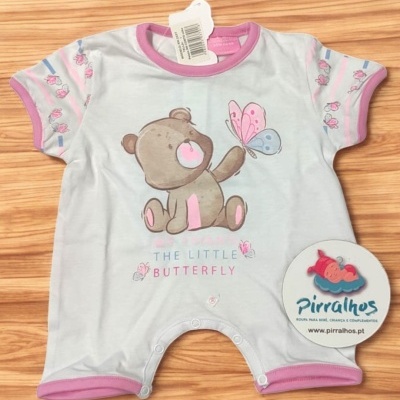 Macacão curto para bebé branco com urso e borboleta cor-de-rosa