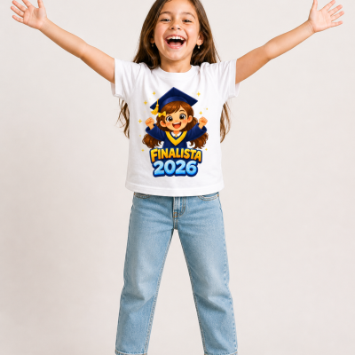 Menina com t-shirt branca estampada Finalista 2026