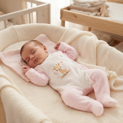 Bebé adormecido com macacão rosa e branco com desenho de girafa numa cama de bebé bege.