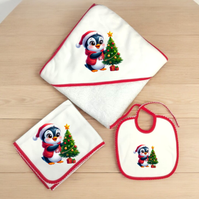 Conjunto de três peças para bebé branco com bordas vermelhas e estampa de pinguim natalício