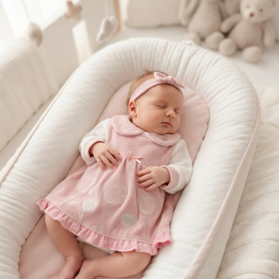 Bebé dorme num ninho branco e rosa com vestido rosa bordado e faixa de cabelo, rodeada de peluches e móbiles de nuvens.