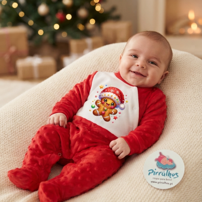 Bebé com fato vermelho estampado sentado numa almofada bege junto a decoração de Natal