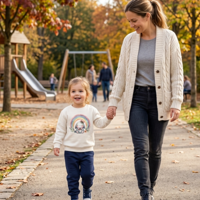 Criança e mulher a passear num parque outonal, vestindo roupa casual de malha e jeans.