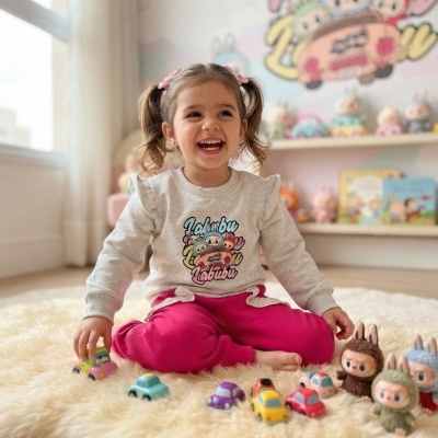 Menina sorridente sentada no chão com roupa colorida a brincar com carrinhos e bonecos num quarto infantil