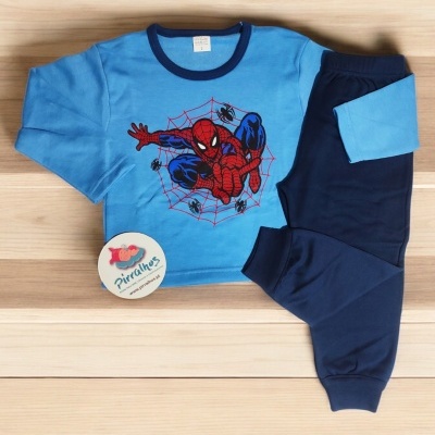Pijama infantil Homem-Aranha azul clara e azul escuro com estampa e calças