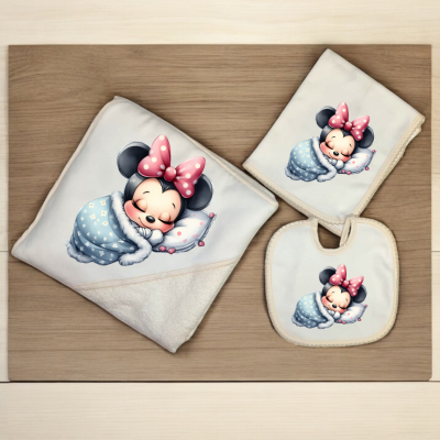 Conjunto de bebé com manta, toalha e babete com imagem da Minnie bebé a dormir