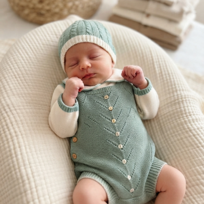 Bebé deitado com roupa de malha verde e creme em colchão bege acolchoado