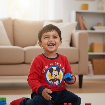 Criança sorridente a brincar com blocos coloridos no chão da sala de estar