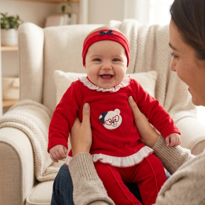 Bebé com roupa vermelha com estampado de urso sentada no colo de mulher em cadeira confortável num interior