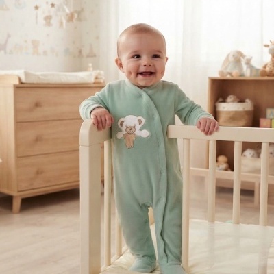 Bebé a usar macacão verde com ursinho no peito de pé dentro de berço de madeira clara num quarto de decoração infantil