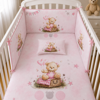 Berço branco com roupa de cama cor-de-rosa com ursinho e balões cor-de-rosa