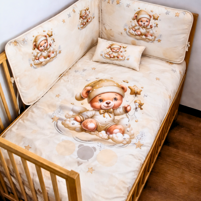 Berço de madeira com roupa de cama bege com estampado de ursinho em pijama