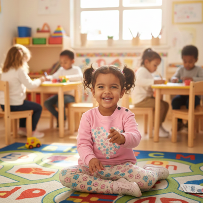 Menina sorridente sentada em tapete educativo com letras e números numa sala de aula colorida