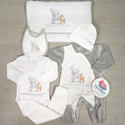 Conjunto de roupa de bebé com padrão de boneco de neve e veado em branco e cinzento