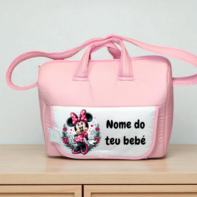 Mala de bebé cor-de-rosa com imagem da personagem Minnie e texto personalizado