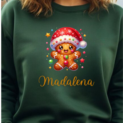 Sweatshirt verde escura com boneco de gengibre natalício e texto Madalena
