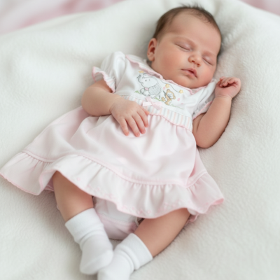 Bebé dormindo com vestido rosa claro e meias brancas sobre manta branca